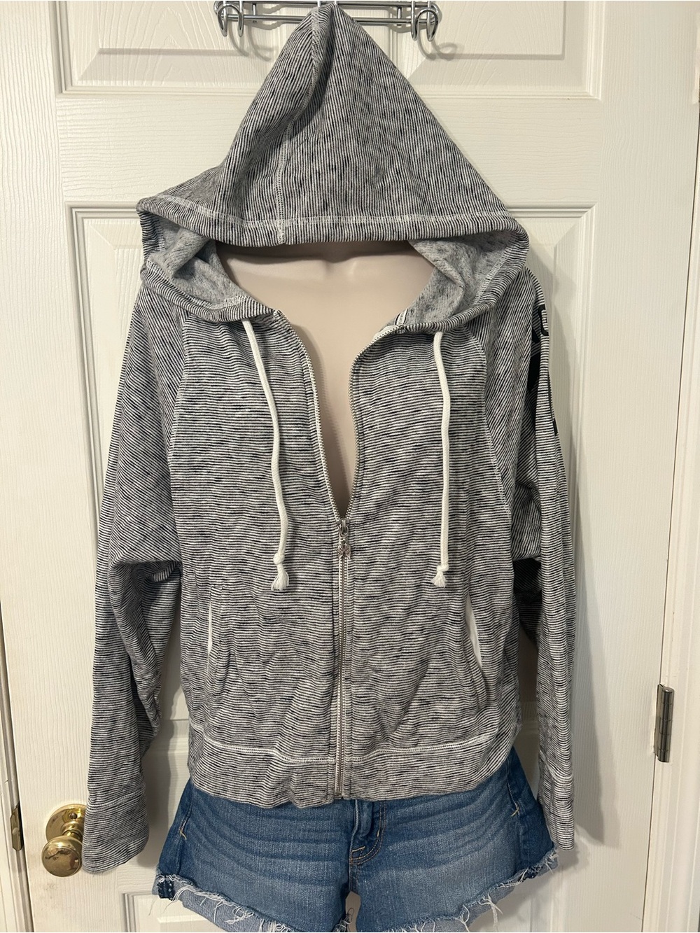 Women’s, Victoria's Secret, Gray Striped Zip Up Jacket w/ Hood/Hoodie, Medium